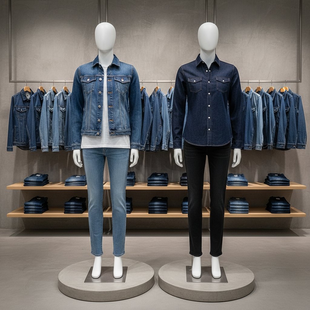 Denim apparel display in a retail store with two mannequins modeling blue and dark denim jackets and jeans, with folded denim stacks on shelves.