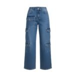 High-waisted blue denim cargo pants with button-flap cargo pockets on both legs, on white background.