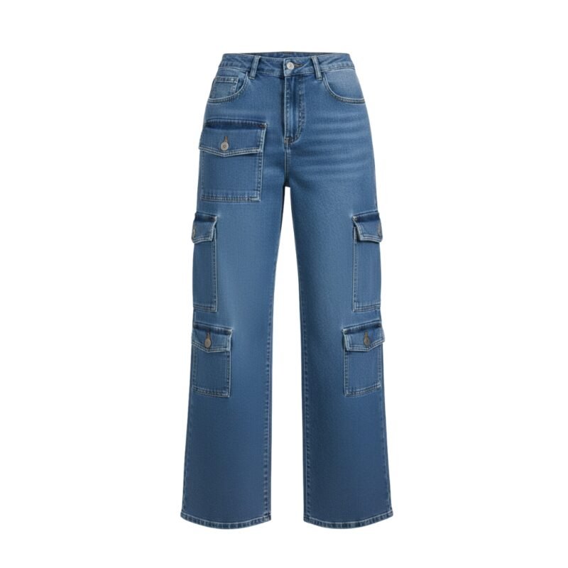 High-waisted blue denim cargo pants with button-flap cargo pockets on both legs, on white background.