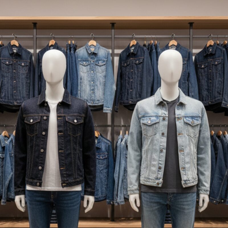 Denim jackets on display on store mannequins in dark and light washes.