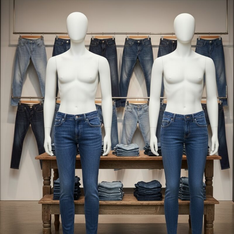 Mannequin display of denim jeans on a retail rack, showing multiple styles and washes.