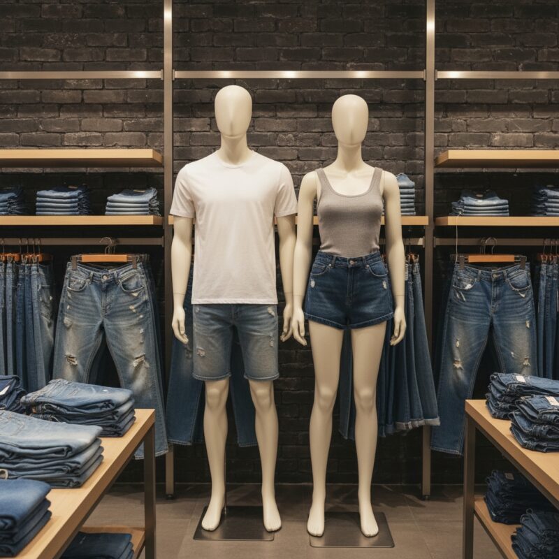 Mannequin display of denim shorts in a retail store, with folded jeans and denim items on shelves.