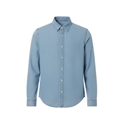 Mens light blue denim button-down shirt front view on a white background.