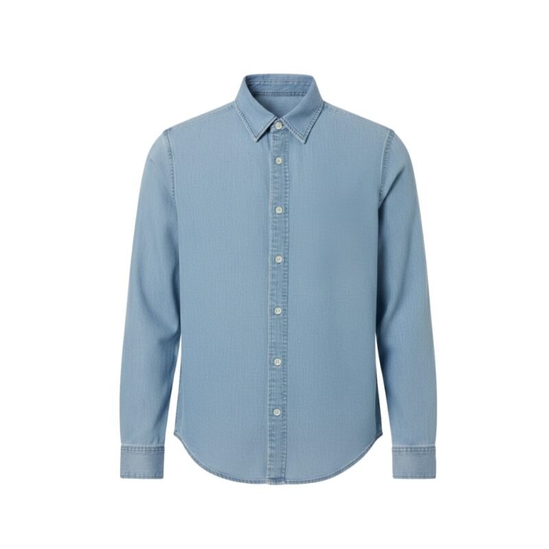 Mens light blue denim button-down shirt front view on a white background.
