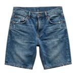 Front view of denim jean shorts with double-button waistband and curved pocket design