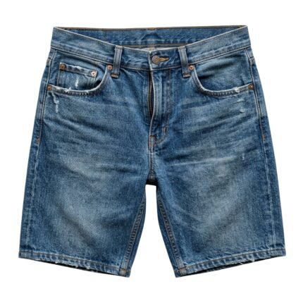Front view of denim jean shorts with double-button waistband and curved pocket design