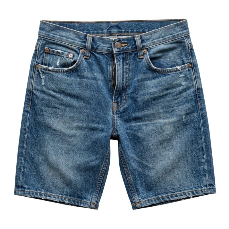Front view of denim jean shorts with double-button waistband and curved pocket design