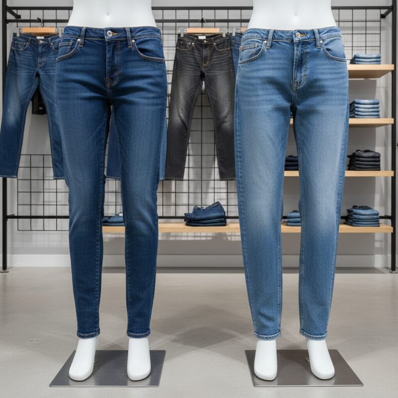 Two pairs of denim jeans displayed on white mannequin legs in a retail store setting.