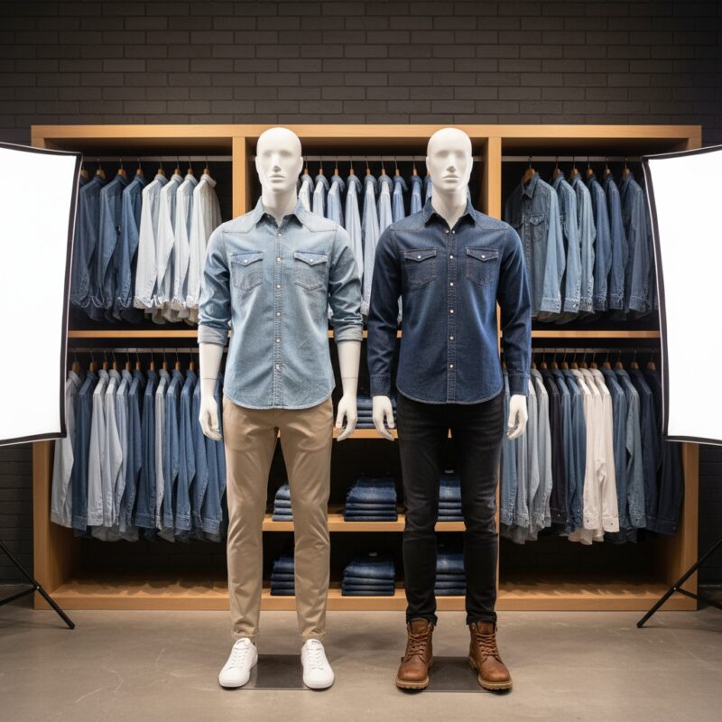 Two model mannequins wearing denim shirts in a retail display, with folded and hanging denim clothing in the background.
