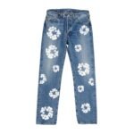 Washed blue straight-leg jeans with white floral designs scattered across the front, centered on a white background.