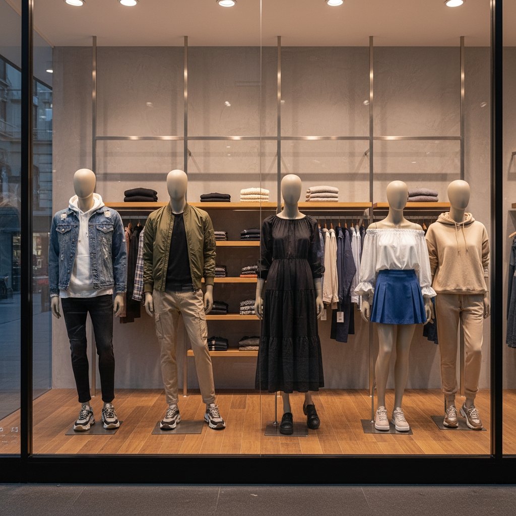 Mannequin display of fashion wear in a modern storefront window, featuring casual hoodies, denim jacket, dresses, skirts, and sneakers.