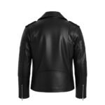 Back view of a sleek black leather jacket featuring quilted detailing on the sleeves, epaulettes on the shoulders, and zipper accents on the cuffs.