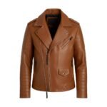 A brown leather jacket with an asymmetrical zipper design, quilted detailing on the shoulders and lower sides, and silver hardware.