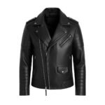 A stylish black leather jacket featuring a classic asymmetrical zipper design, quilted detailing on the shoulders and lower sides, and silver hardware.