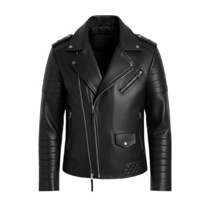 A stylish black leather jacket featuring a classic asymmetrical zipper design, quilted detailing on the shoulders and lower sides, and silver hardware.