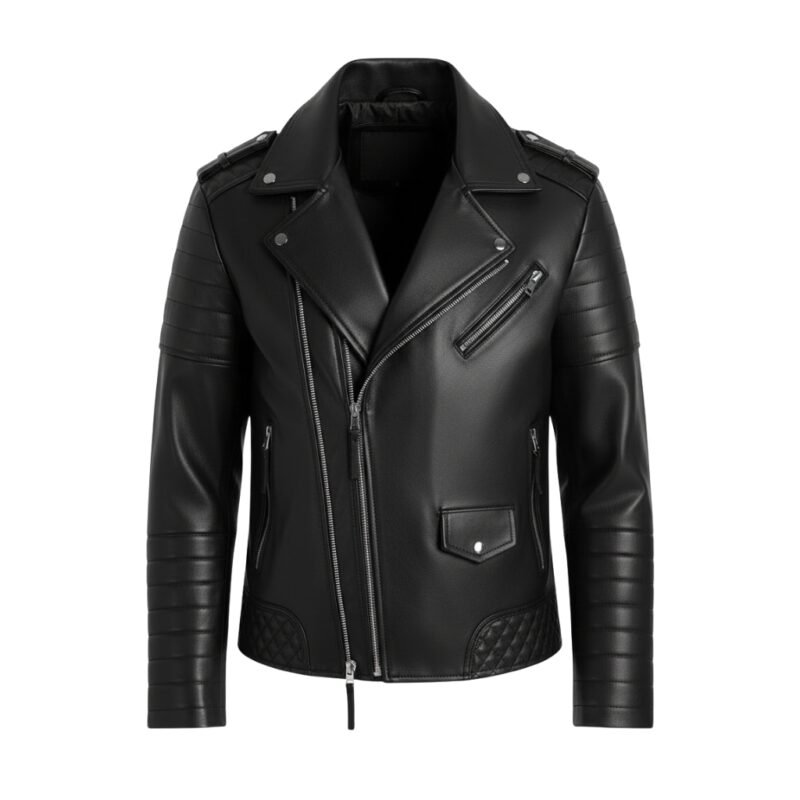 A stylish black leather jacket featuring a classic asymmetrical zipper design, quilted detailing on the shoulders and lower sides, and silver hardware.