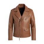 A light brown leather jacket featuring an asymmetrical zipper closure, quilted detailing on the sleeves and lower panels, and silver-tone hardware accents