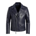 A navy blue leather jacket featuring an asymmetrical zipper closure, quilted accents on the sleeves and lower panels, and silver-tone hardware.