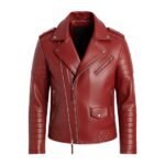 A striking red leather jacket featuring an asymmetrical zipper closure, quilted detailing on the sleeves and lower panels, and silver-tone hardware