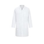 Front view of a white lab coat for doctors laid flat on a white background.