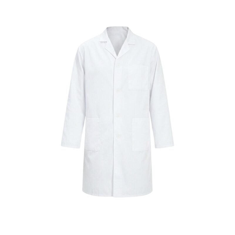 Front view of a white lab coat for doctors laid flat on a white background.