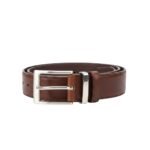 Full grain leather belt in brown, back view with metal buckle.