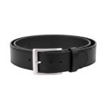 Full grain leather belt in black, front view with silver-tone buckle.