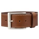 Close-up of a full-grain leather belt with a metal buckle and stitched detailing.