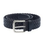 Full grain leather belt in dark blue with a silver buckle, front view.