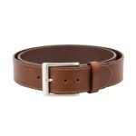 Full-grain leather belt shown in a front view, featuring a dark brown leather strap, silver buckle, and punched sizing holes.