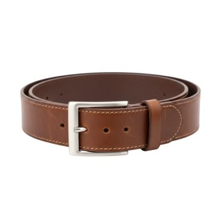 Full-grain leather belt shown in a front view, featuring a dark brown leather strap, silver buckle, and punched sizing holes.