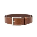 Full grain leather belt in gray-orange, front view with metal buckle.