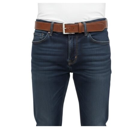 Full-grain leather belt in a model view, worn with dark blue jeans.