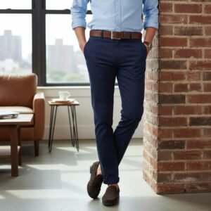 Full-grain leather belt in brown with a silver buckle, worn with navy trousers in an indoor setting.