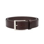 Full grain leather belt in red, front view with metal buckle