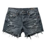 Faded black distressed denim shorts with prominent rips, five-pocket design, and frayed hems on a white background.