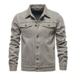 Grey men's denim jacket front view with buttoned flap pockets and contrast stitching details