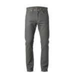 Grey raw denim jeans standing front view on white background, straight-leg fit with five-pocket styling and orange contrast stitching.