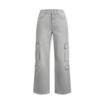 Light gray cargo pants for women, high-waist wide-leg style with cargo pockets on each leg, on white background.