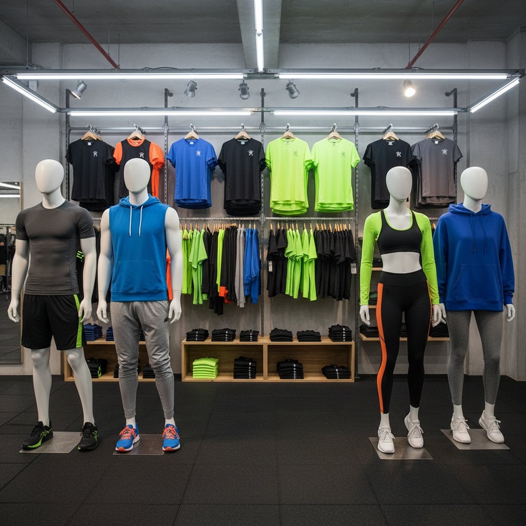 Gym wear collection with hoodies, t-shirts, and leggings on mannequins in a sportswear store.
