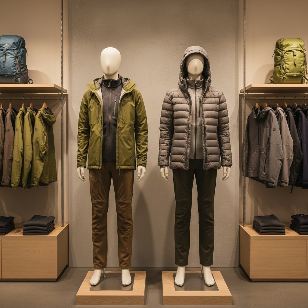 Two mannequin displays wearing hiking outerwear—an olive green jacket and a gray insulated hooded puffer jacket—shown in a retail display.