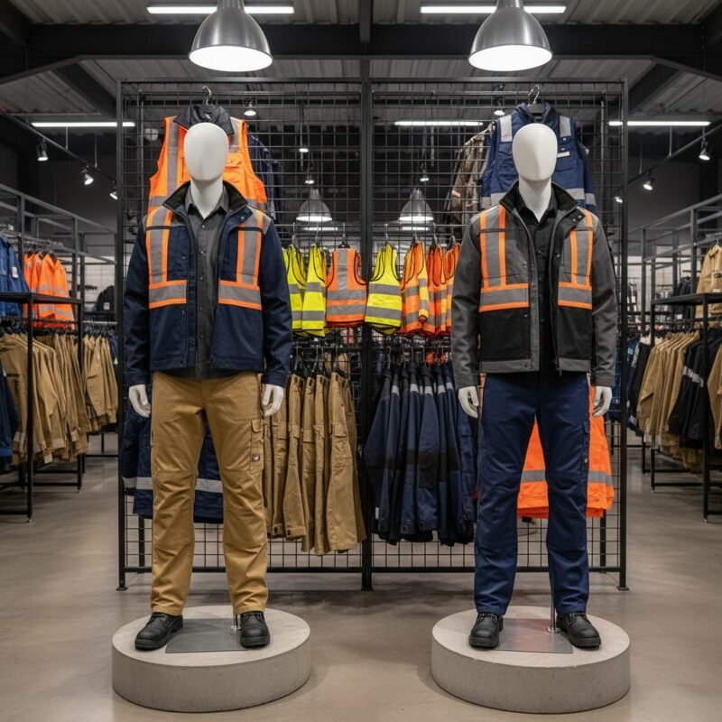 Mannequin displays of industry-specific workwear in an industrial showroom, featuring reflective orange/blue high-visibility vests and work jackets with matching trousers.
