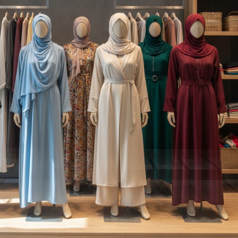 Women’s Islamic fashion dresses on mannequins in a boutique: light blue, patterned, cream, emerald green, and burgundy with hijabs.