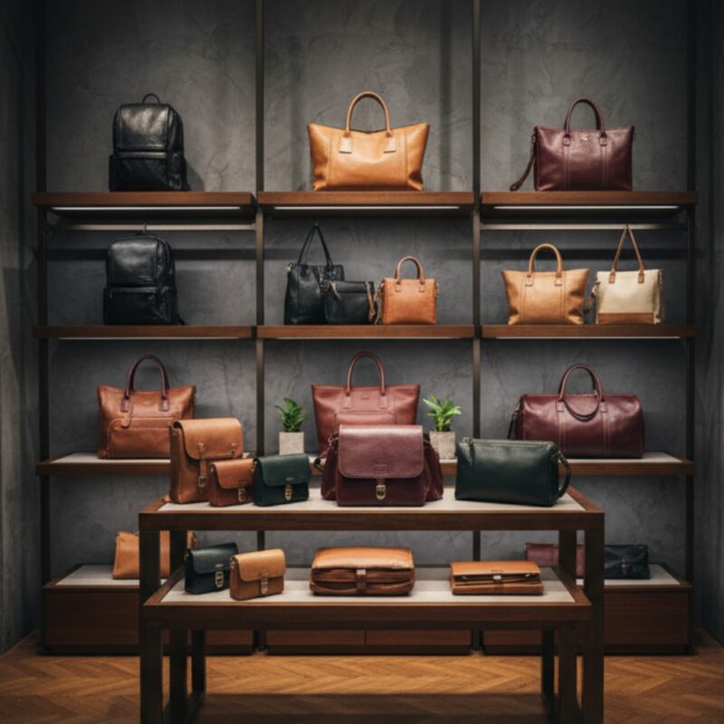 Leather bags displayed on a boutique showroom table and shelving, featuring a variety of leather handbags in black, tan, brown, burgundy, and green tones.