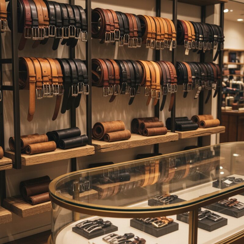 Display of leather belts in a boutique showroom, arranged on wooden racks with buckles and folded belts on shelves.