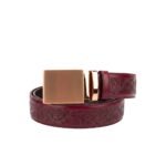 Brown men’s leather belt with floral embossed pattern and a polished gold metal buckle.