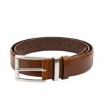 Brown men’s leather belt with silver metal buckle and stitched keeper detail.