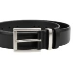 Close-up view of a men’s black leather belt with a silver rectangular buckle and stitched detail.