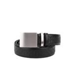 Dark gray men’s leather belt with embossed pattern and a silver metal buckle.