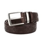 Dark gray brown men’s leather belt with embossed pattern and a silver metal buckle